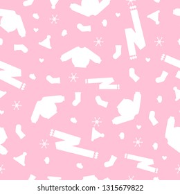 Seamless pattern of kawaii white sweater, sock, glove, scarf and hat on pink background for background, card, paper print, and fabric business. Vector design.