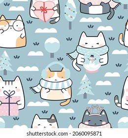 Seamless Pattern Kawaii Winter Cute Cats, Cartoon Animals Background, Vector Illustration