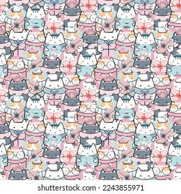 Seamless Pattern Kawaii Winter Cute Cats - small size, Cartoon Animals Background, Vector Illustration
