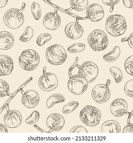 Seamless pattern with kepundung: kepundung fruit, leaves and kepundung slice. Asian gooseberry. Hand drawn vector illustration