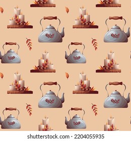 Seamless Pattern With Kettle And Candles. Autumn, Harvest, Thanksgiving Day, Cozy Home, Fall Concept. Vector Illustration. Perfect For Product Design, Wallpaper, Scrapbooking.