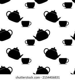 Seamless pattern with kettle and cup. Black flat icon cup of tea, coffee on white background. Icon teapot. Modern design for print on fabric, wrapping paper, wallpaper, packaging. Vector illustration