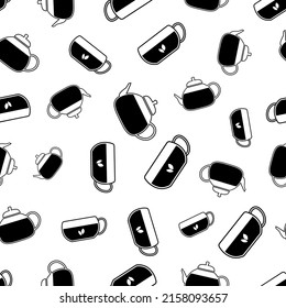 Seamless pattern with kettle and cup. Black flat icon cup of tea, coffee on white background. Icon teapot. Modern design for print on fabric, wrapping paper, wallpaper, packaging. Vector illustration