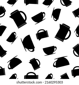 Seamless pattern with kettle and cup. Black flat icon cup of tea, coffee on white background. Icon teapot. Modern design for print on fabric, wrapping paper, wallpaper, packaging. Vector illustration