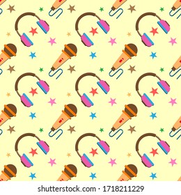 Seamless pattern with kettle and headphones, Vector texture illustration.
