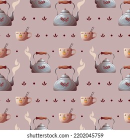 Seamless Pattern With Kettle And Teacup. Autumn, Cozy Home, Warm Fall Concept. Vector Illustration. Perfect For Product Design, Wallpaper, Scrapbooking.