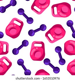 Seamless pattern with kettlebells and dumbbells in flat style. Stylized sport equipment background.