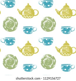 Seamless pattern with kettles, cups and plates. Wallpaper for cozy kitchen. Vector hand drawn dishes on white background.