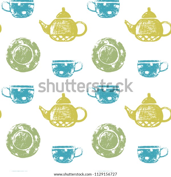 Seamless Pattern Kettles Cups Plates Wallpaper Stock Vector