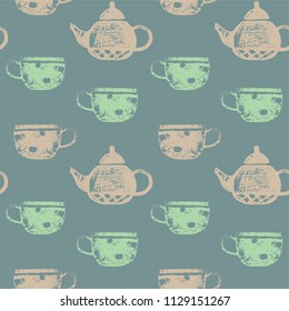 Seamless pattern with kettles and cups. Wallpaper for the kitchen. 