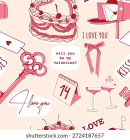Patrón sin fisuras con la llave, corazones, torta, buzón. Símbolo de amor romántico, signos. Forma de corazón de caramelo. Celebración de San Valentín. Lindos dibujos. 14 febrero saludo, cubierta, etiqueta, promoción de la venta Plantillas