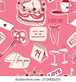 Patrón sin fisuras con la llave, corazones, torta, buzón. Símbolo de amor romántico, signos. Forma de corazón de caramelo. Celebración de San Valentín. Lindos dibujos. 14 febrero saludo, cubierta, etiqueta, promoción de la venta Plantillas