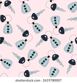 Seamless Pattern with сar key with a keychain alarm. Hand drawn doodle сar key with a keychain alarm. Car key remote control. Car Accessories
