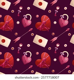 Seamless pattern with key, lock, letter, arrow, Valentine's day chocolates on pink background. The concept of romance, love. Vector illustrations for posters, banners, postcards, invitations