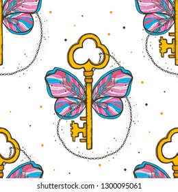 Seamless pattern key magic illustration. Mystical symbol.Beautiful t-shirt design boho style.Vintage hand drawn. Vector illustration.