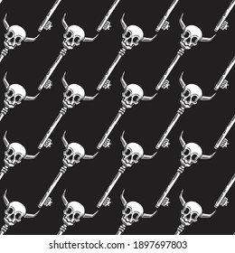 seamless pattern of a key with skull head on black background