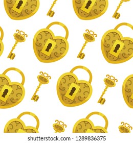 Seamless pattern with key vector. Gold lock hearts and keys background.