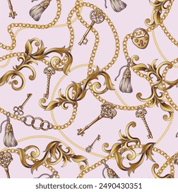 Seamless pattern with keys and baroque elements . Vector