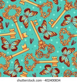 Seamless pattern with keys and butterflies. Freehand drawing