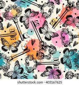 Seamless pattern with keys and butterflies. Freehand drawing