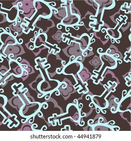 Seamless pattern with keys and flowers.