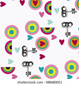 Seamless pattern with keys and geometric shapes.