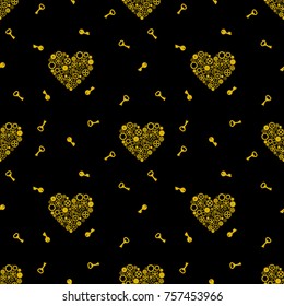 Seamless pattern with keys and heart consisting of gears. Golden on a black background. Vector illustration