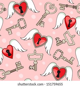 Seamless pattern. Keys and hearts. 