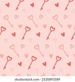 Seamless pattern keys and hearts. Texture for Valentine Day packaging. Delicate pink pattern. Vector illustration