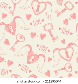 Seamless pattern. Keys and hearts. Valentine's Day.