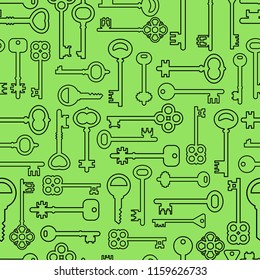 Seamless pattern with keys on a green background. Vector flat illustration. Linear icons.