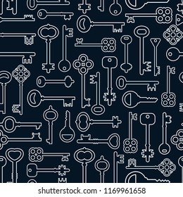 Seamless pattern with keys on a green background. Vector flat illustration. Linear icons.