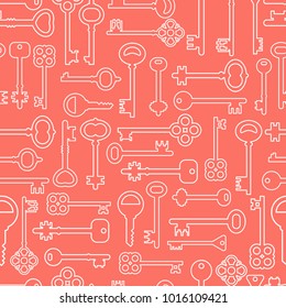 Seamless pattern with keys on a pink background. Vector flat illustration. Linear icons.