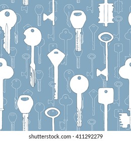 Seamless pattern of the keys in two layers. On a blue background. Hand-drawn