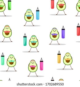 Seamless pattern of kick-boxer avocado with red punching bag. Modern flat sport illustration. Cute design for greeting cards, stickers, fabric, websites and prints.