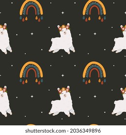 Seamless pattern for kid with cute alpaca (llama) and rainbow. Baby background for t-shirt print, packaging, wrapping paper, etc. Vector animal background