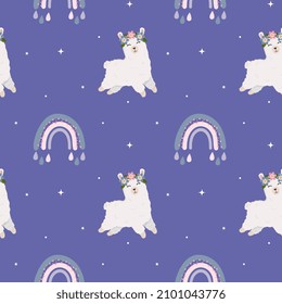 Seamless pattern for kid with cute alpaca (llama) and rainbow. Baby background for t-shirt print, packaging, wrapping paper, etc. Vector animal background