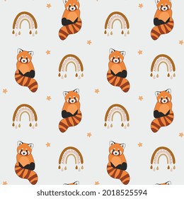 Seamless pattern for kid with cute red panda and rainbow. Baby background for t-shirt print, packaging, wrapping paper, etc. Vector animal background. 