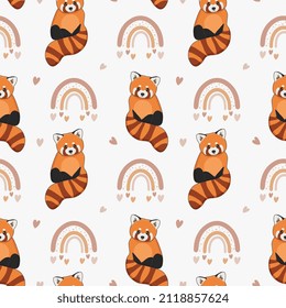 Seamless pattern for kid with cute red panda, hearts and rainbow. Baby background for t-shirt print, packaging, wrapping paper, etc. Vector animal background. 