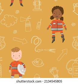 Seamless pattern with kid firefighter on yellow background. Dark skinned kids digital background with vector hand drawn elements. Seamless pattern for kids fabric, textile and scrapbook paper.