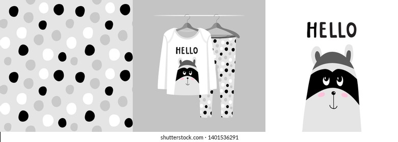 Seamless pattern and kid illustration with raccoon, text Hello. Cute design pajamas on hanger. Baby background for clothes, room birthday decor, t-shirt print, wear fashion, invitation card, wrapping