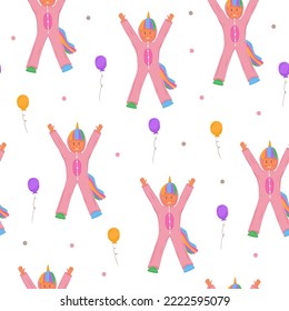 Seamless pattern with kid in pink unicorn kigurumi pajama 