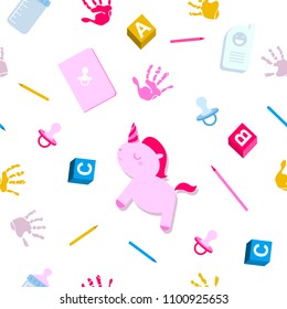 Seamless pattern with kid toys, handprints, baby pacifier and pencils