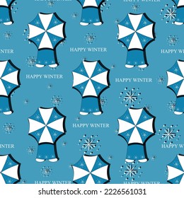 Seamless pattern with kid under umbrella, falling snowflakes on blue background with inscription hello happy winter. Winter concept. Hello happy winter picture.