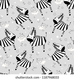 Seamless pattern of kid vector illustration with drawing monochrome cute zebra. Scandinavian background with striped zebra, bird, stars for fabric, textile, paper, wallpaper, wrapping, greeting card