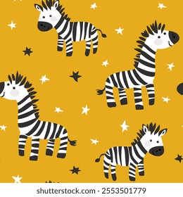 Seamless pattern of kid vector illustration with drawing monochrome cute zebra. Scandinavian background with striped zebra and stars for fabric, textile, paper, wallpaper, wrapping, greeting card