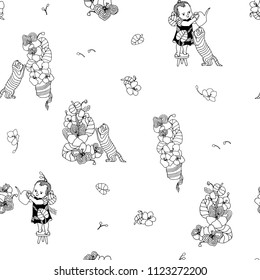 seamless pattern with kid, watering can and a kitten  , hand-drawn vector illustration