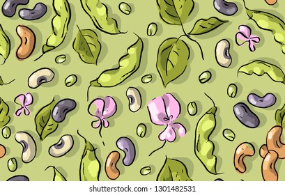 Seamless pattern with kidney beans, leaves and flowers