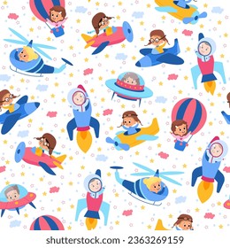 Seamless pattern with kids in airplanes and rockets. Space and sky adventures. Childish nursery decorative background. Decor textile, wrapping paper, wallpaper design. Vector concept