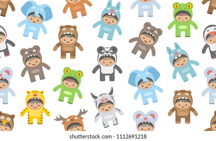 Seamless pattern with kids in Animals costumes, flat style. isolated on white background